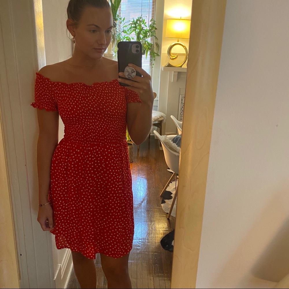 H&M red polka dot off the shoulder dress